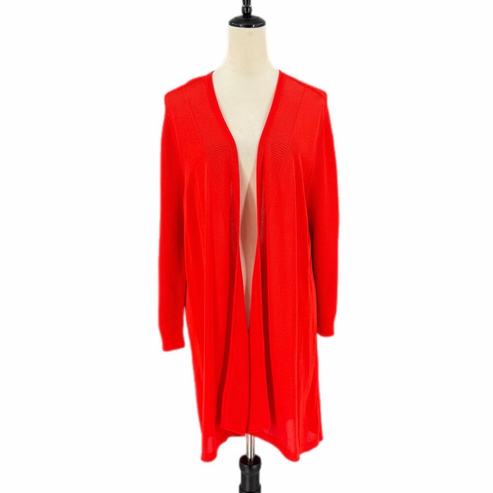 Chico’s Sz 3 Red Open Front Long Knit Lightweight Bold Bright Layering Cardigan